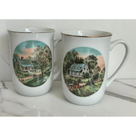 Vintage Set of 4 Currier and Ives Seasons Cups Mugs Winter Autumn Spring Summer - Picture 3 of 10